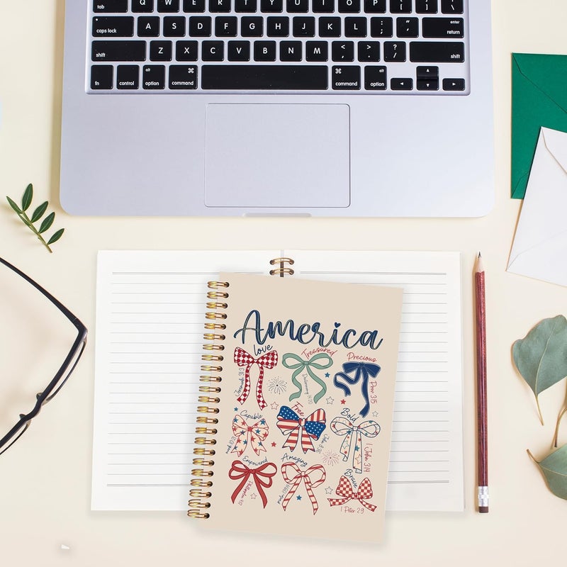 BearCake America Patriotic Christian Notebook Journal, Retro Coquette Red White Blue Bow Prayer Journal for Women, 4th of July Bow Religious Hardcover Spiral Notebook 5.5x8.3 - Image 3